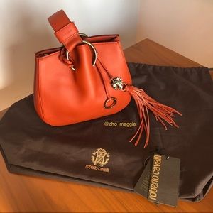 Roberto Cavalli Orange Leather Tassel Bucket Bag